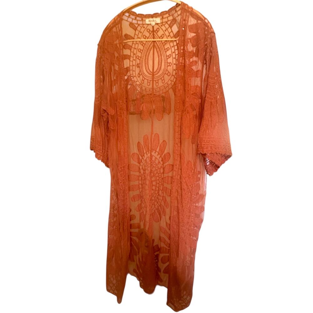 Rebellion Lace Kimono Large Rust Orange Sheer Duster Boho Festival Bea Cover Up